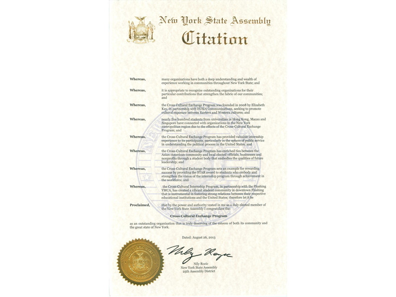 NYC Comptroller declared Aug 26, 2013 as "CCIP Appreciation Day" in NYC